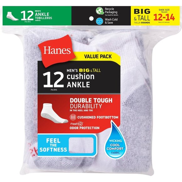 White Men’s 12-Pack Big & Tall White Ankle Socks Size 12-14 Comfortable Fit - Picture 3 of 7
